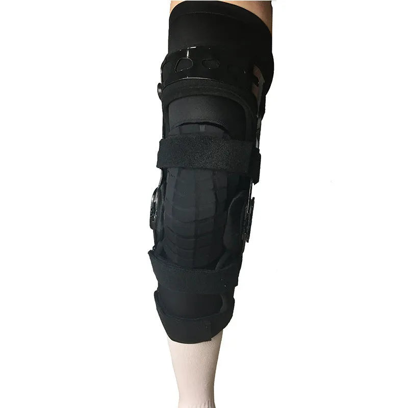 Black anterior knee support brace showing left and right specific versions for sizes S, M, L, and XL.