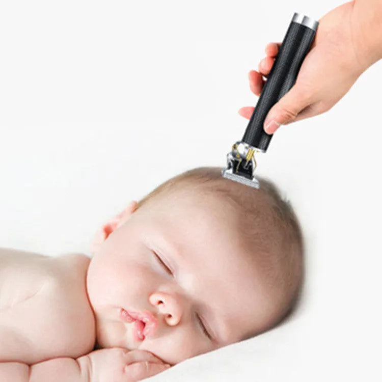 Black electric hair clipper with gold steel blades, four comb attachments, and USB charger