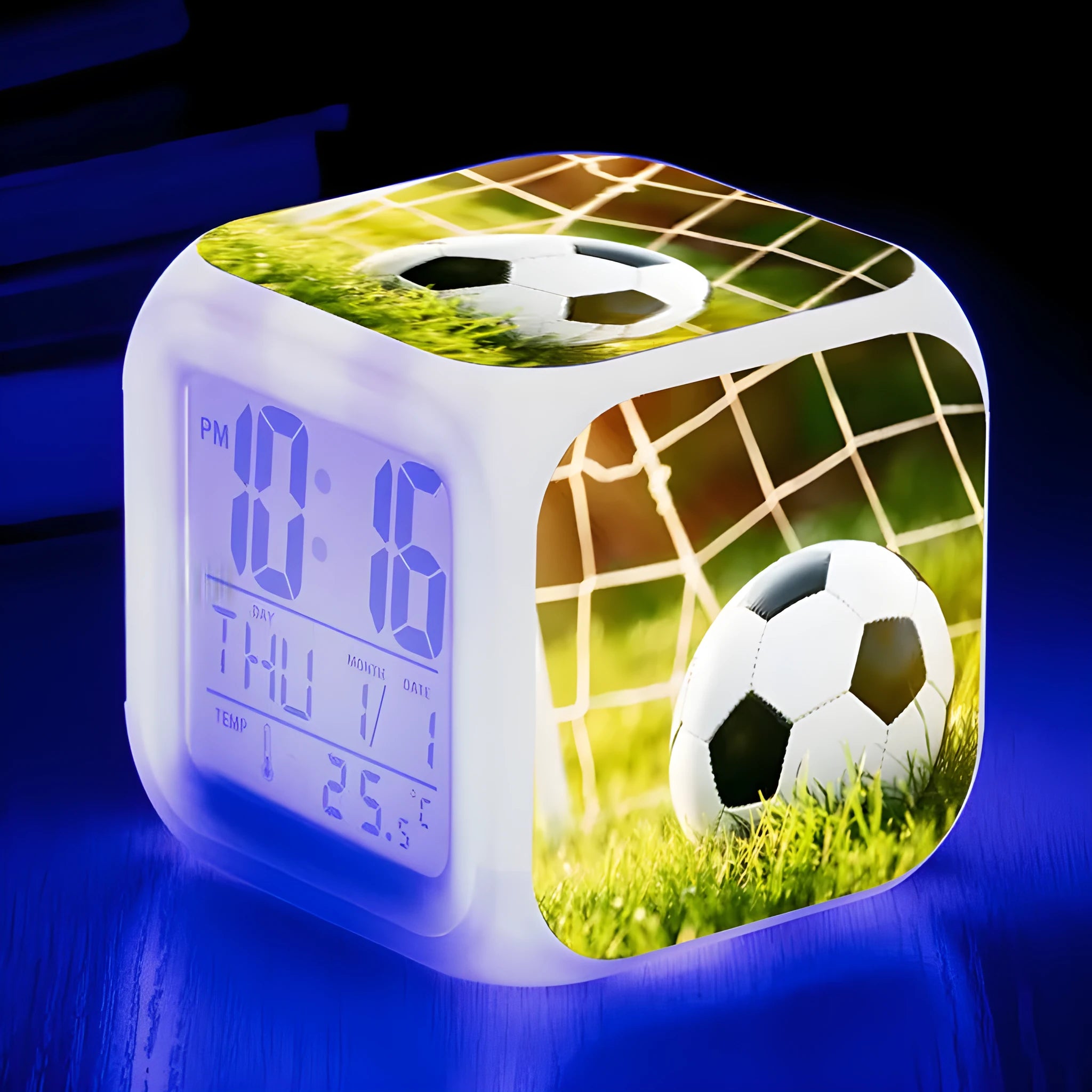 Square children's alarm clock with football pattern design and mute alarm function