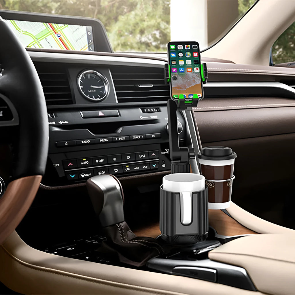 Green car dashboard drink rack and mobile phone holder with travel kettle