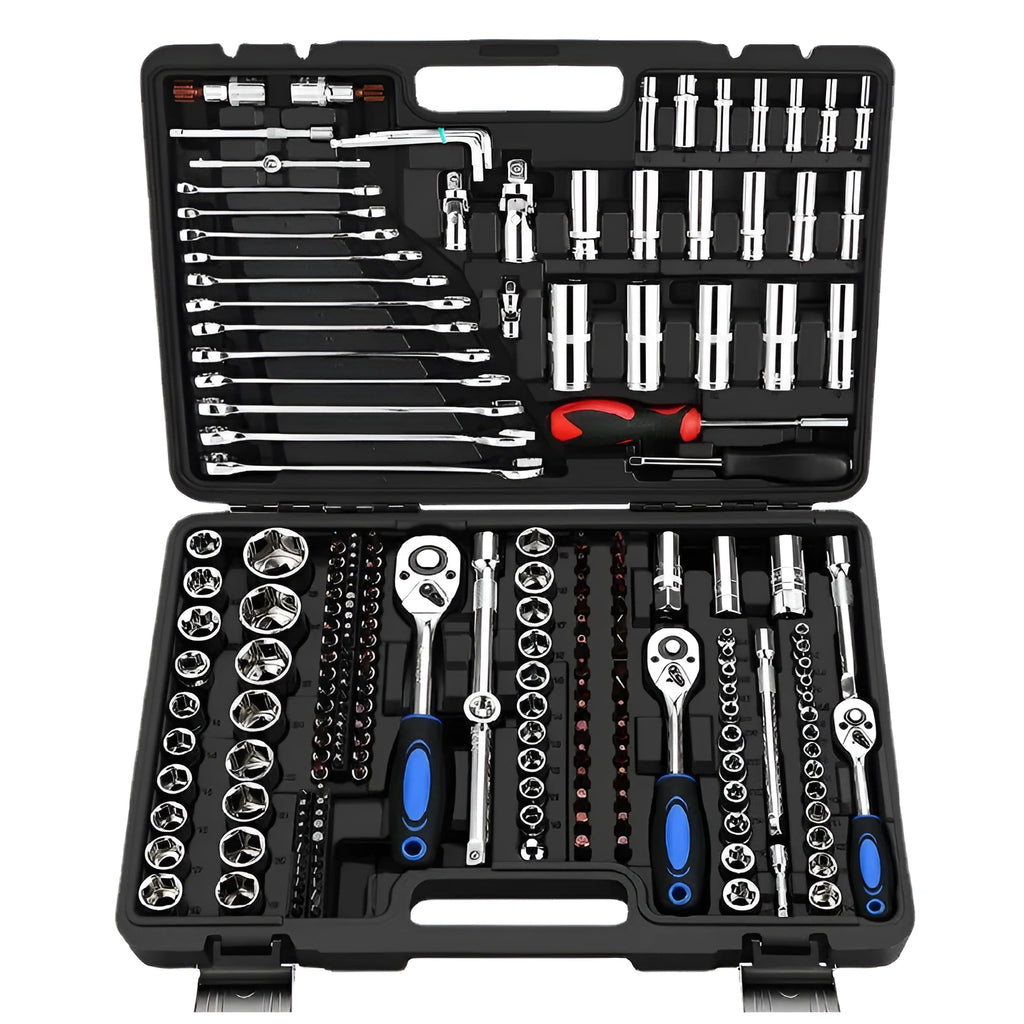 46-piece chromium vanadium steel socket ratchet wrench set with nickel-plated sockets for repair work.