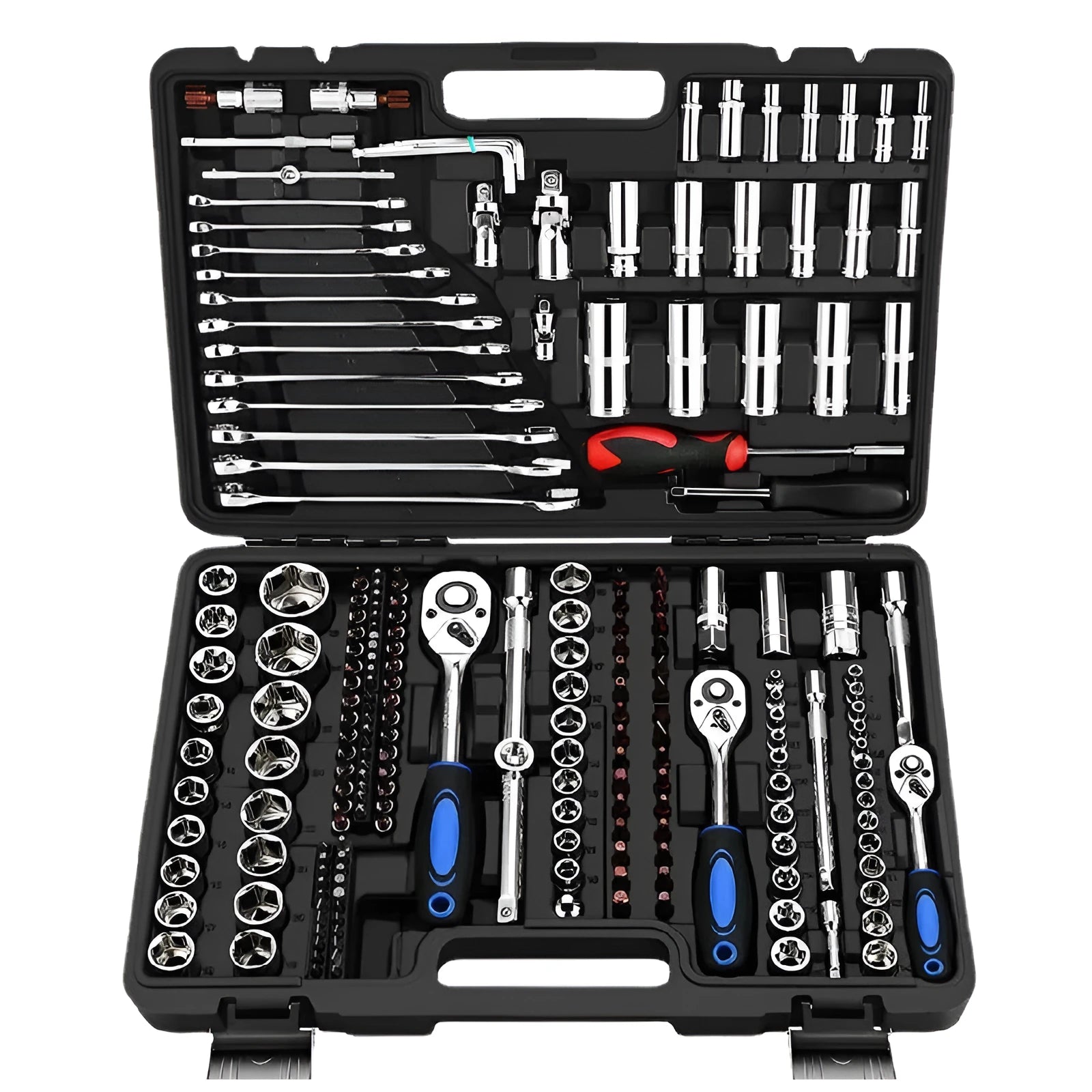 46-piece chromium vanadium steel socket ratchet wrench set with nickel-plated sockets for repair work.