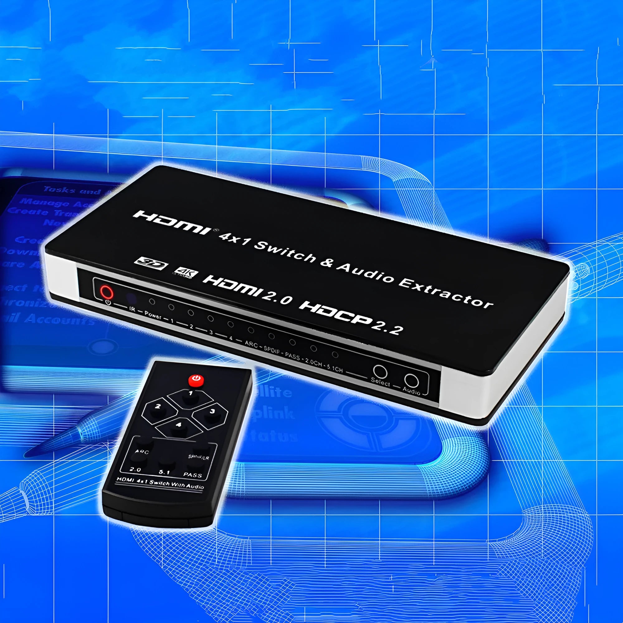 Black HDMI audio video switch with four input ports, one output port, remote control and power adapter