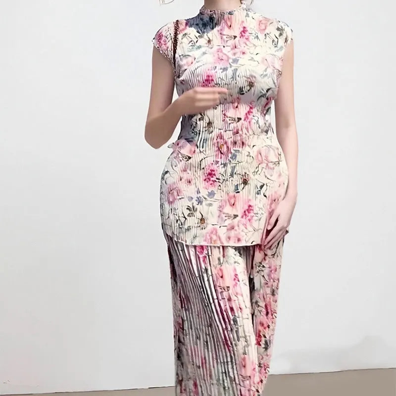 Women's long sleeve printed chiffon dress set with high waist skirt in picture colour