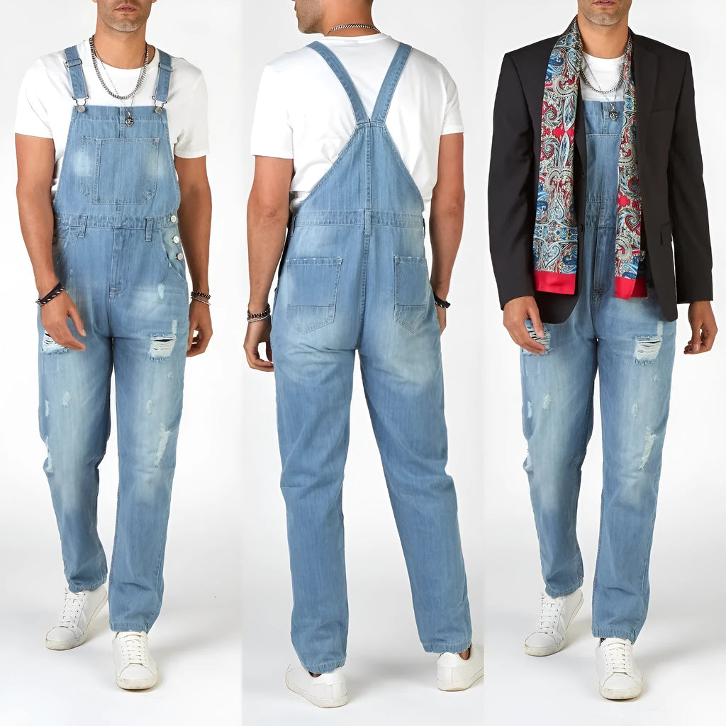 Light blue men's suspender jeans with ripped detailing, straight leg cut, and button cardigan closure