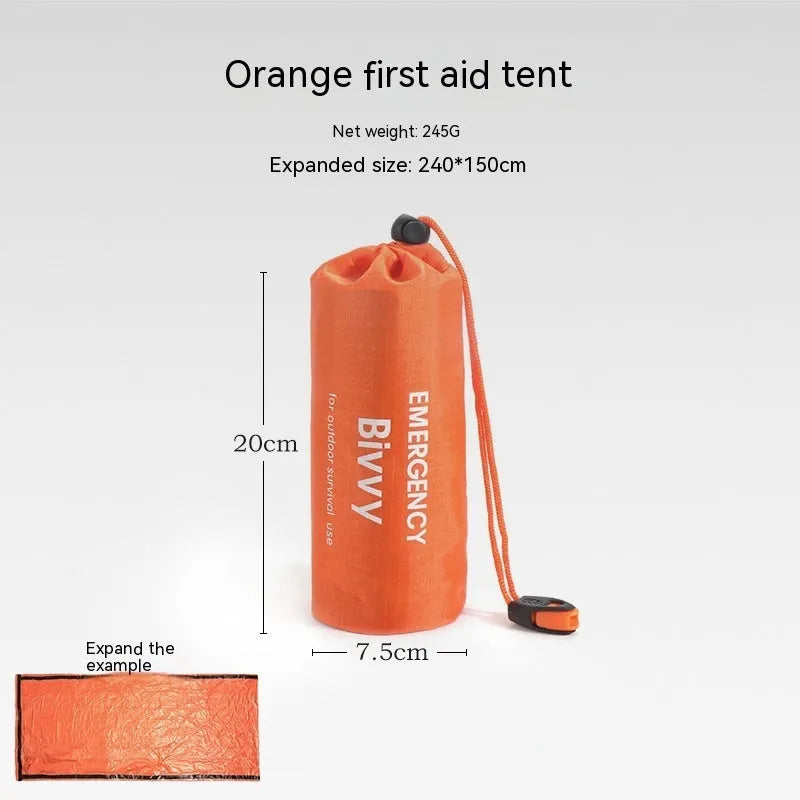 Portable disaster relief tent with emergency blanket and sleeping bag options orange and green colours