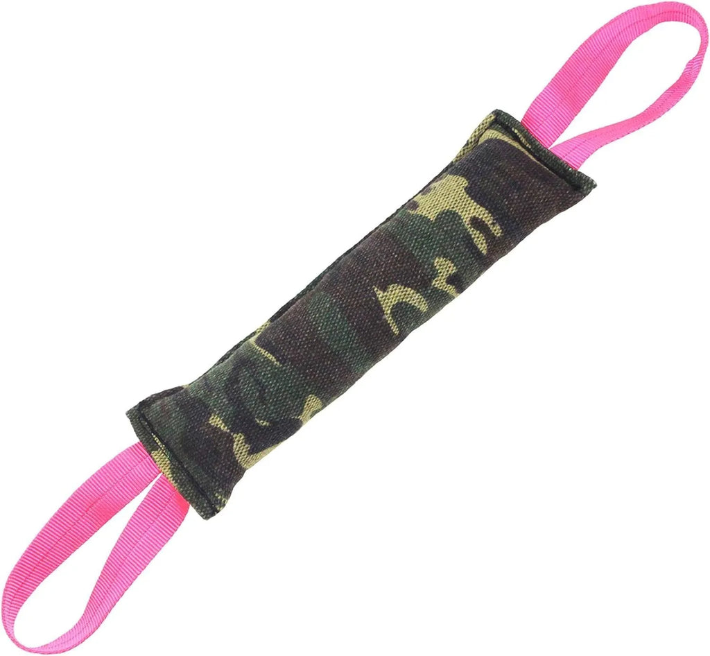 Beige jute dog tug toy with two handles, sized for small and medium dogs