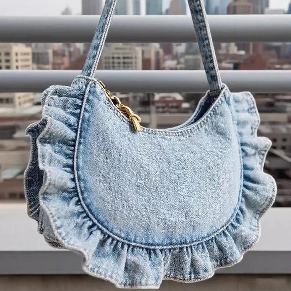 Denim blue polyester women's cross-body bag with lace pleating and stitching thread detail