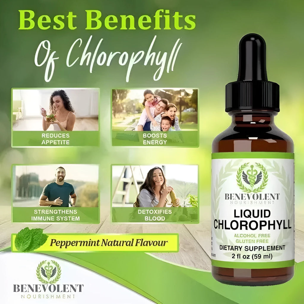 60ml bottle of natural liquid chlorophyll drops for adult body odour and intestinal care support