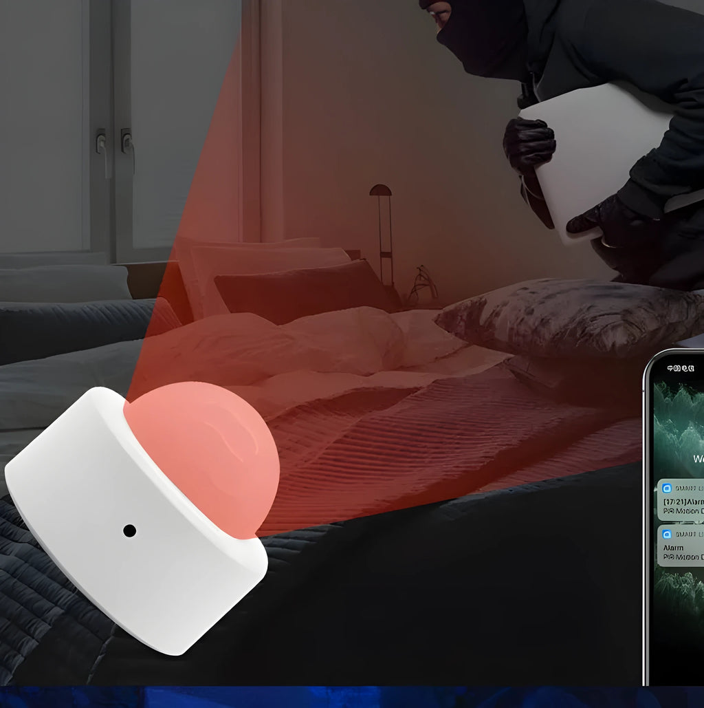 White infrared body sensor with 33mm by 28mm dimensions for home security using ZigBee 3.0 connectivity
