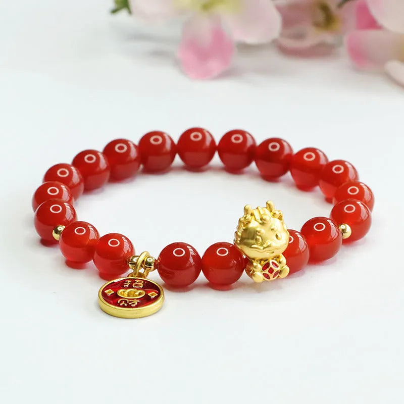 Red agate Chinese zodiac dragon bracelet with 8mm round beads