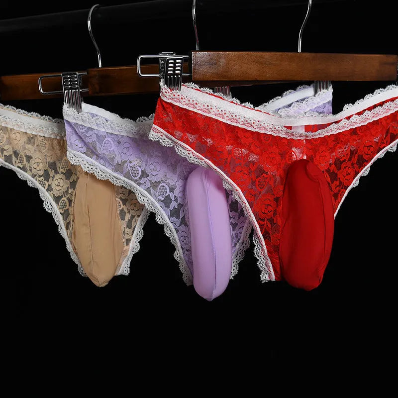 Men's low-waist lace triangle underwear with vertical bag egg design in black colour.