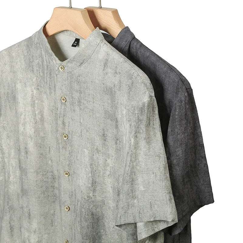Men's solid colour stand collar linen blend shirt in loose cardigan style