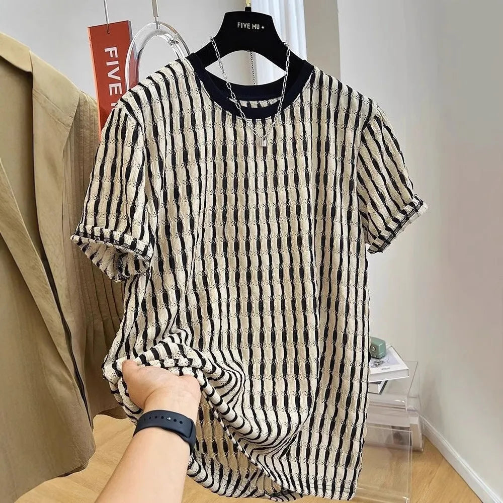Black striped men's loose pullover shirt with short sleeves made from linen and silk blend fabric