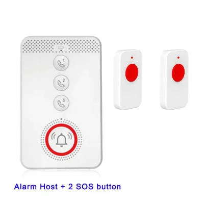 White emergency alert device with central buzzer and three wireless emergency buttons for elderly safety