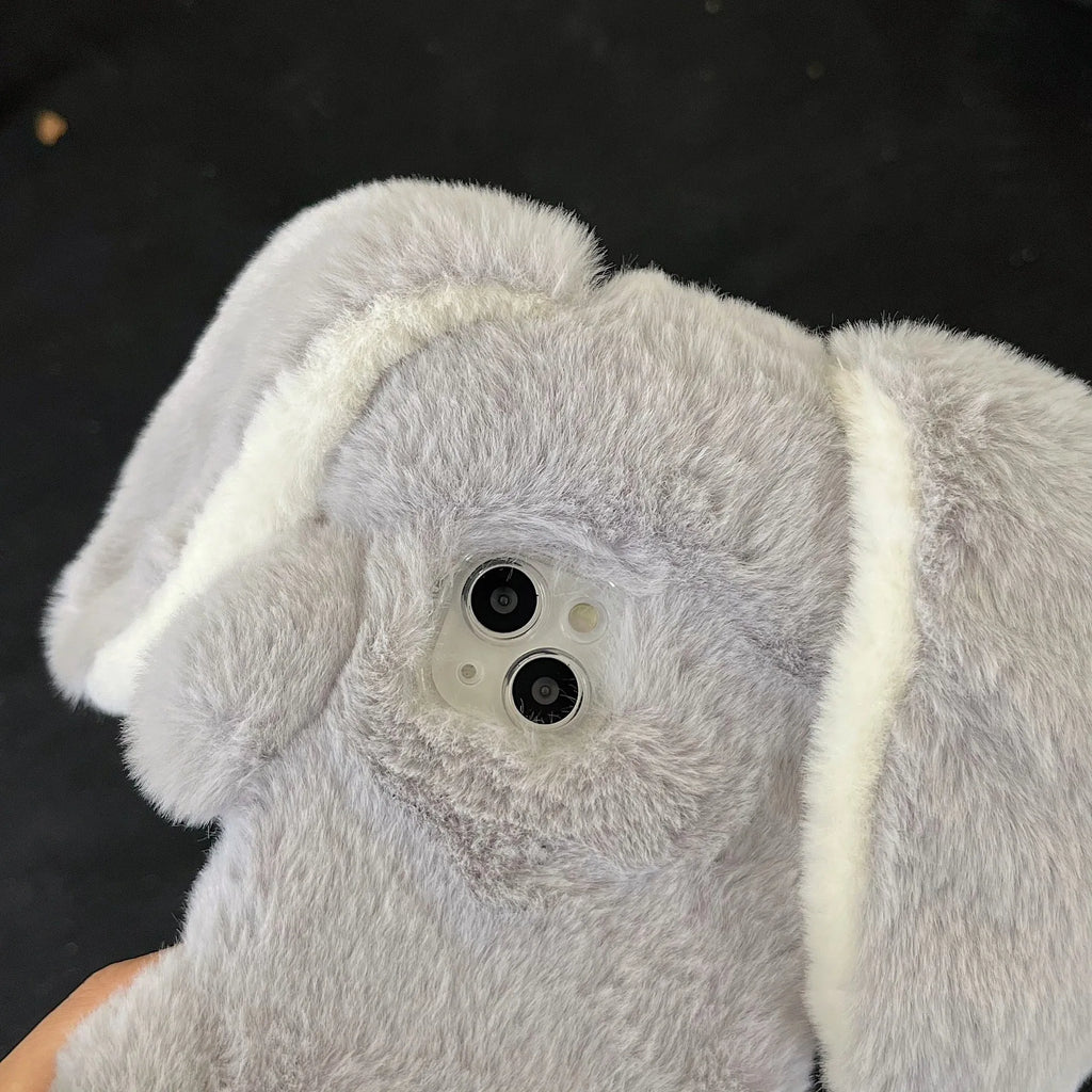 Plush long-eared rabbit phone case for iPhone, rabbit colour, soft fabric cover
