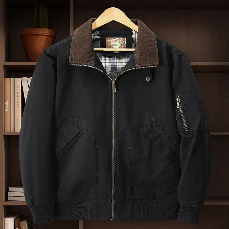 Men's washed cotton baseball flight jacket in plus sizes, shown in camel colour.