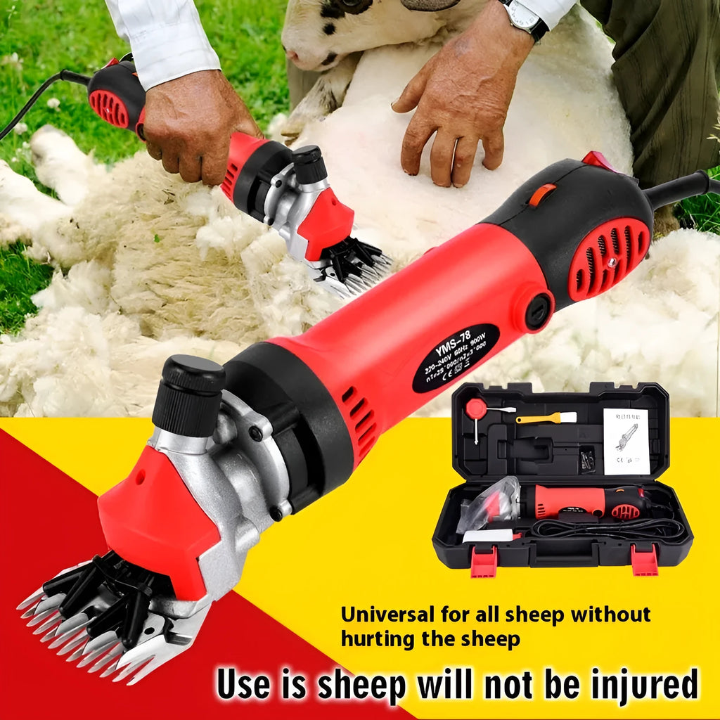 Yellow electric wool shearing machine with 110V plug and multiple blade attachments including straight and curved knives