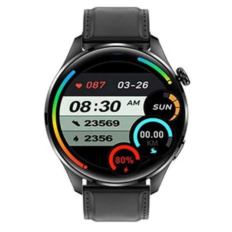 Smart watch with round IPS screen, zinc alloy case, and black silicone strap on wrist