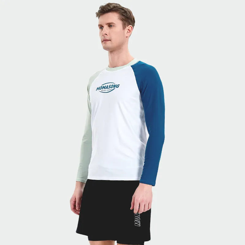 Men's white long-sleeved swim top with matching double-layer blue swim trunks for beach sports