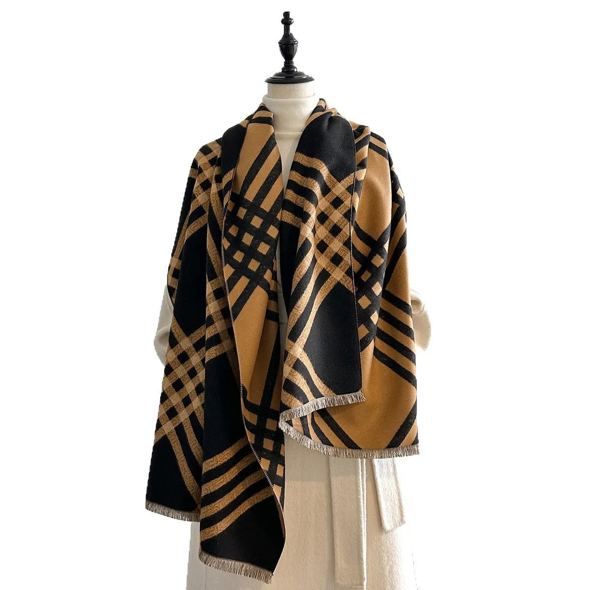 Imitation cashmere scarf with tassels in brown colour showing 185cm length