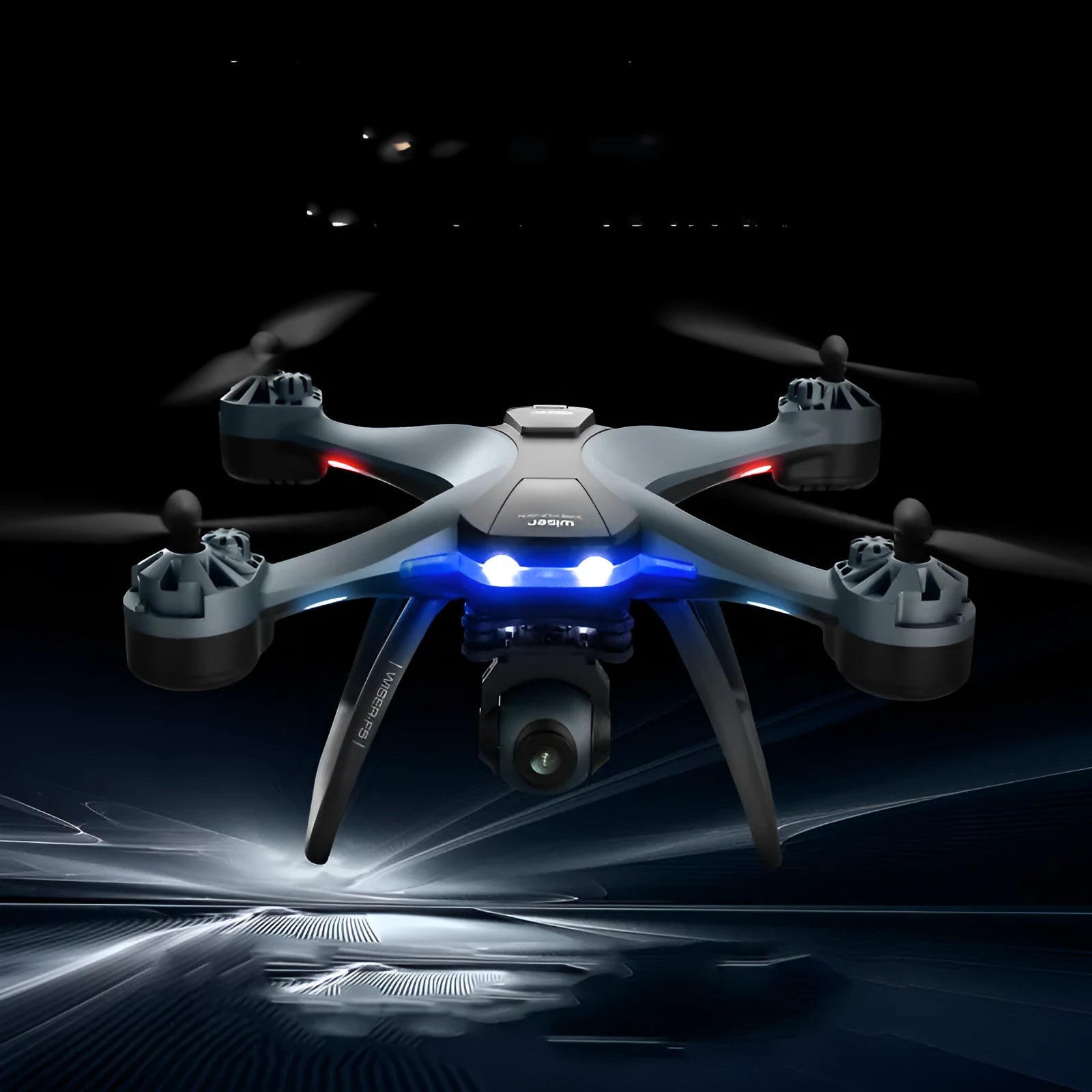 GPS quadrocopter drone with anti-fall features and dual cameras on remote controller
