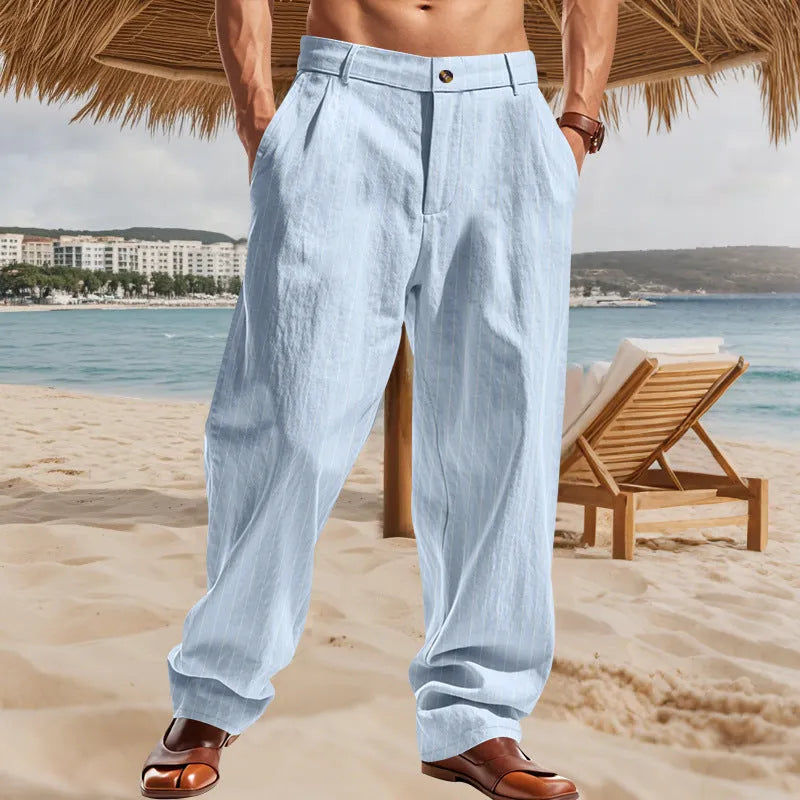 Men's linen striped high waist wide leg pants in light khaki colour, loose fit, button fly