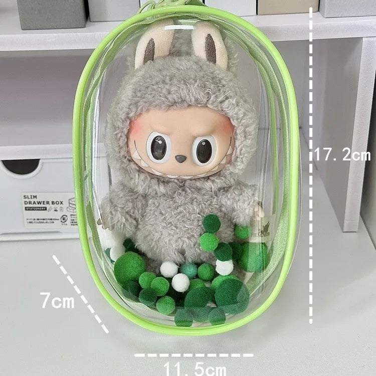 Transparent PVC cube storage bag for cotton dolls in 13cm, 17cm, or 23cm sizes with colour options