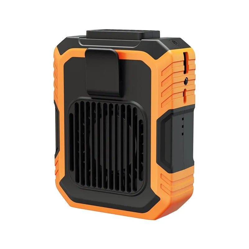 Wrist-worn personal fan with LED light and USB charging port in green, orange, pink, or white colours