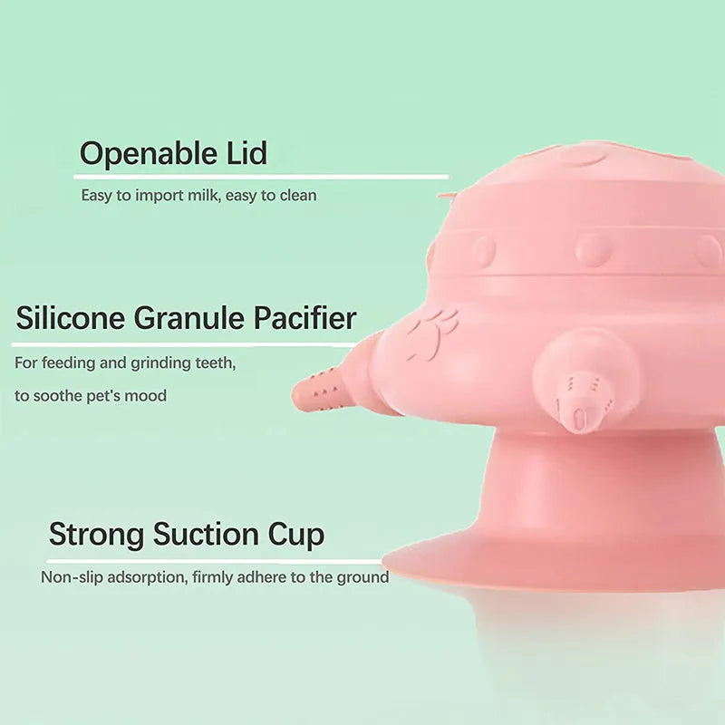 Pink silicone pet nursing device with milk bowl and four pacifiers for puppies and cats