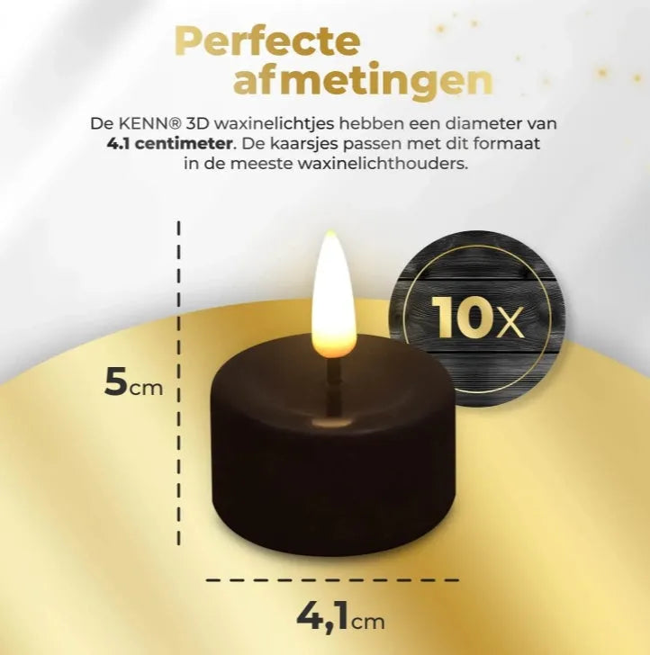 Four black S10 LED tealight candles showing flickering flame effect