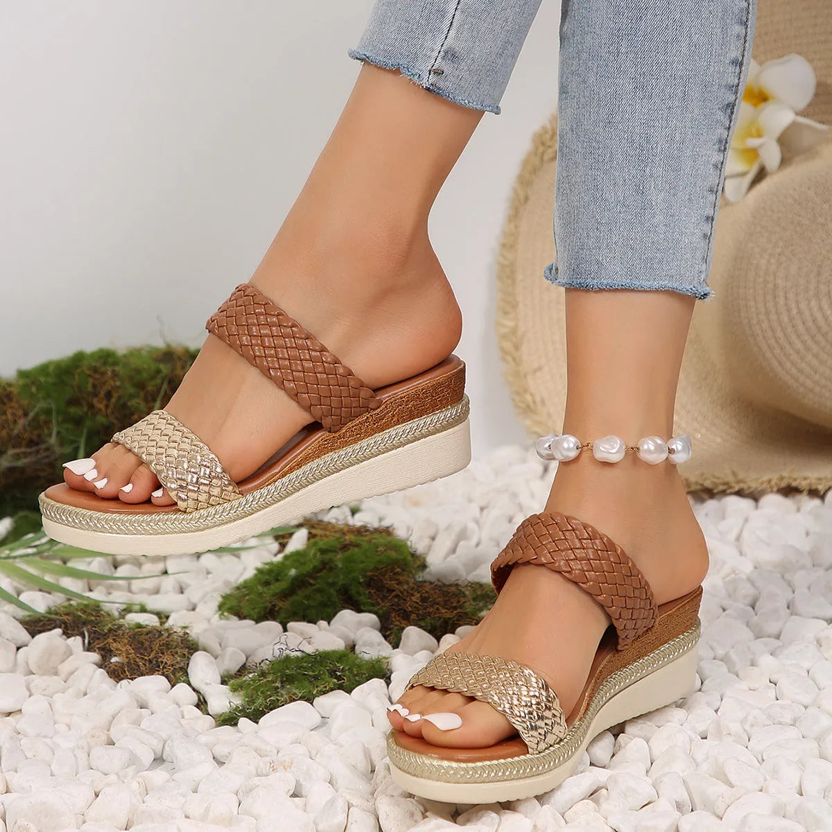 Women's metallic gold wedge sandals with adjustable strap and rubber wedge sole