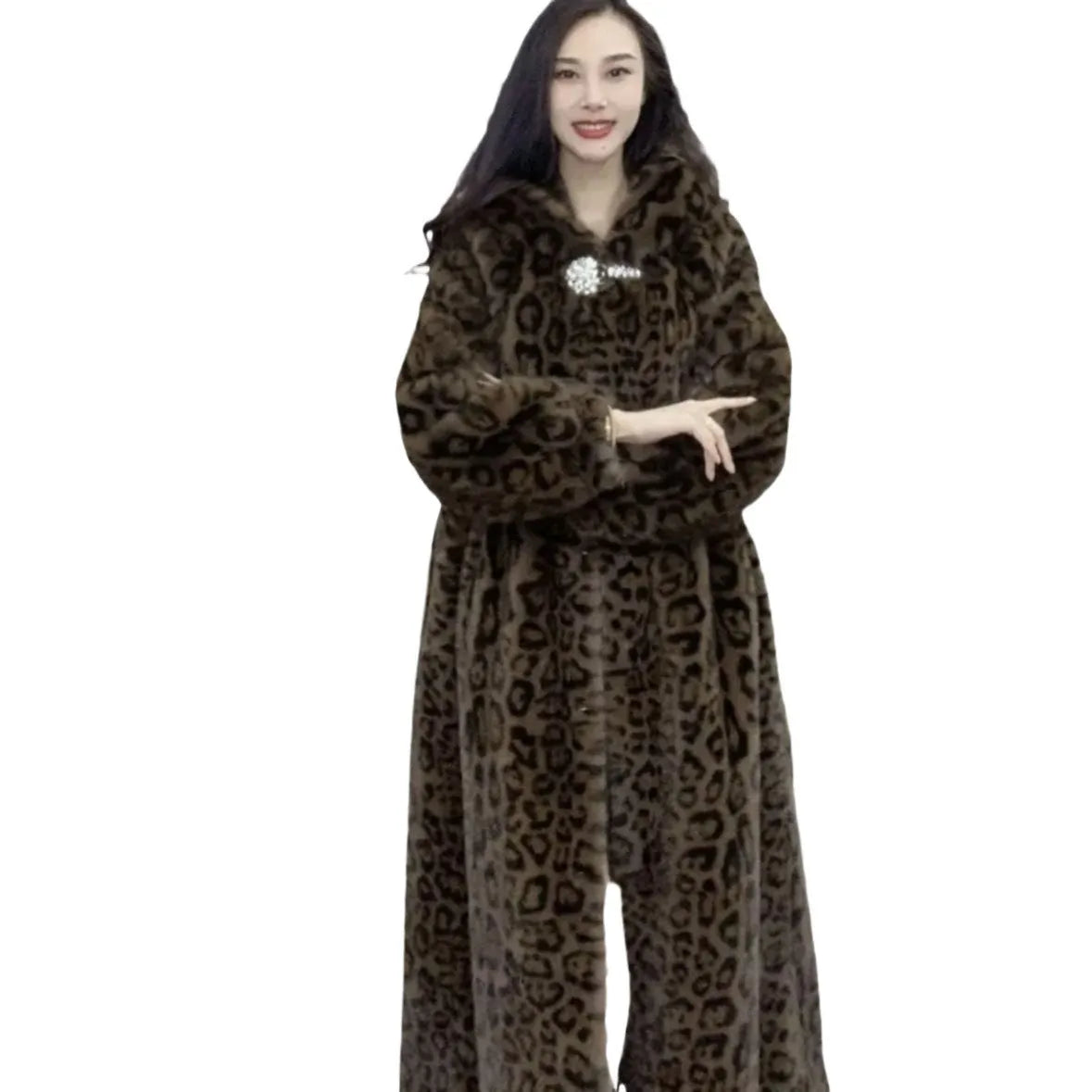 Women's loose plus size long faux fur coat in leopard print with 100cm length