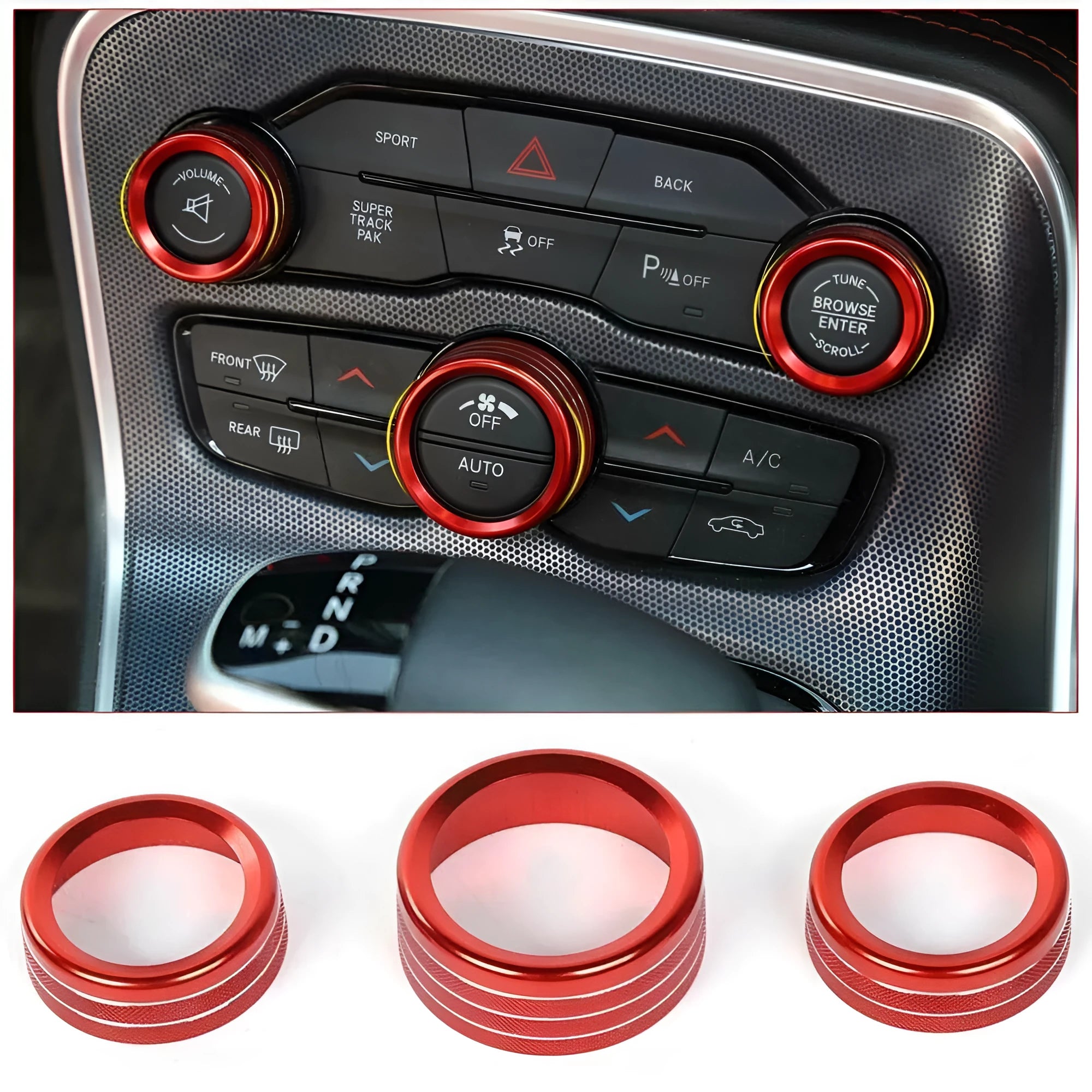 Aluminium alloy air conditioning knob decorative ring for Dodge Challenger and Grand Cherokee in selected colour.