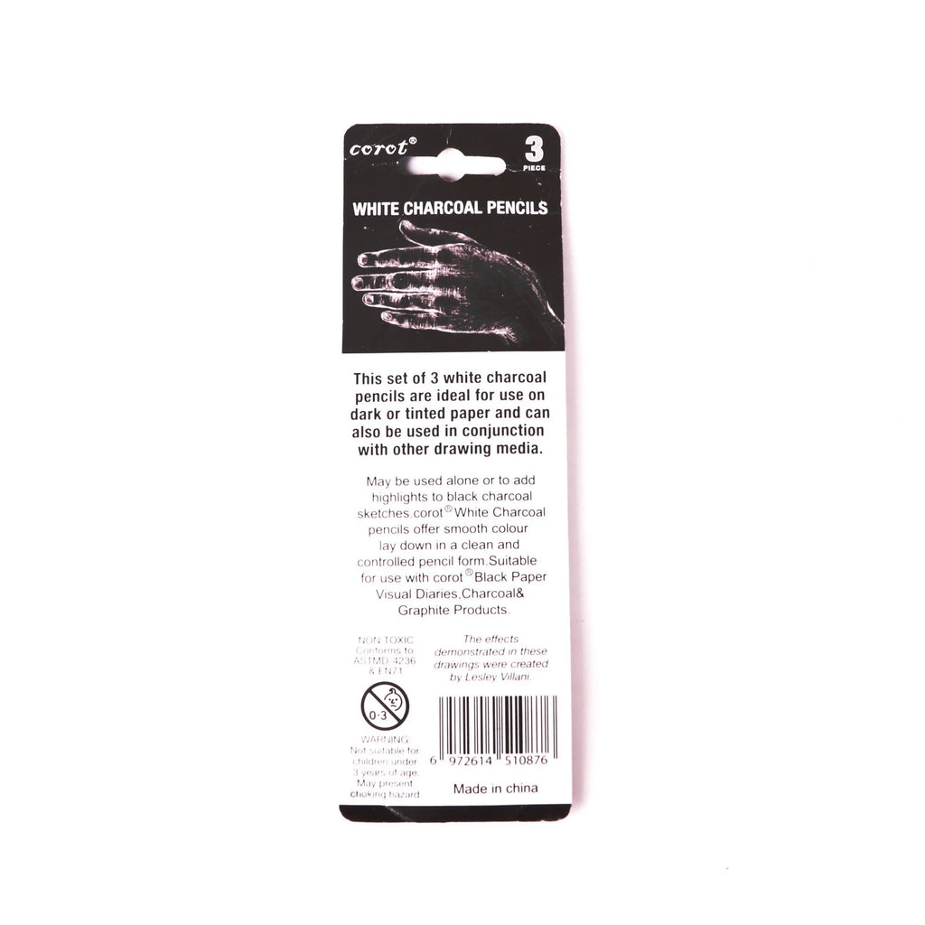 Set of three white charcoal pencils with wooden barrels and moderate hardness