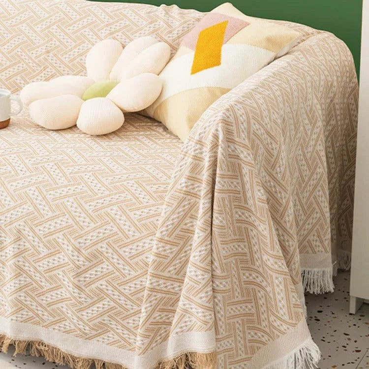 Solid colour polyester chenille sofa cover in khaki white plaid pattern, Nordic simple style, 180x180cm size