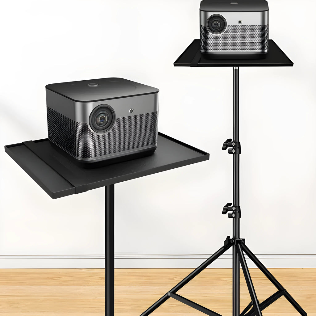 T01 projector floor tripod stand with telescopic lift and plastic tray in 1.2 metre height configuration