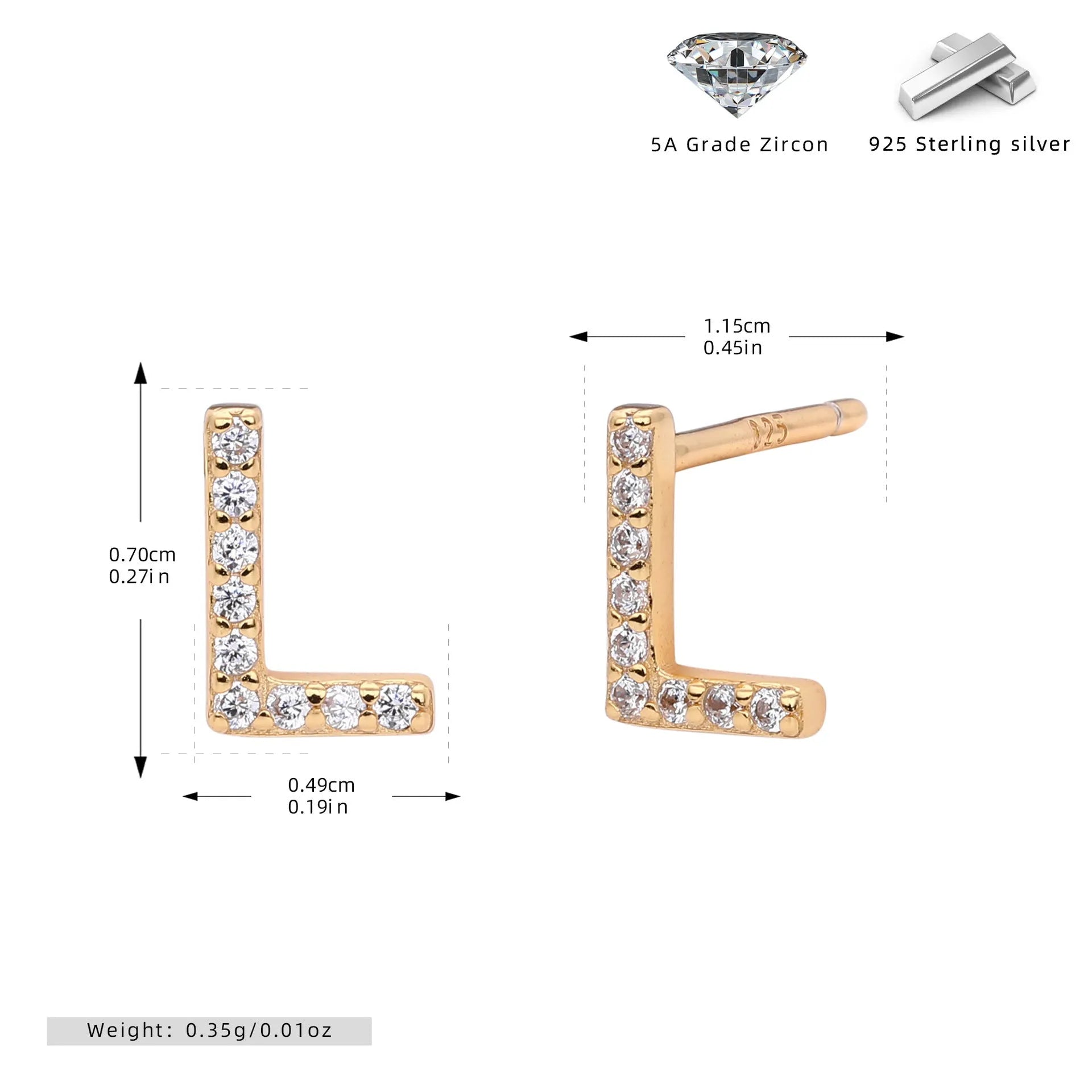 925 silver letter ear stud with electroplated gold finish, alphabet motif