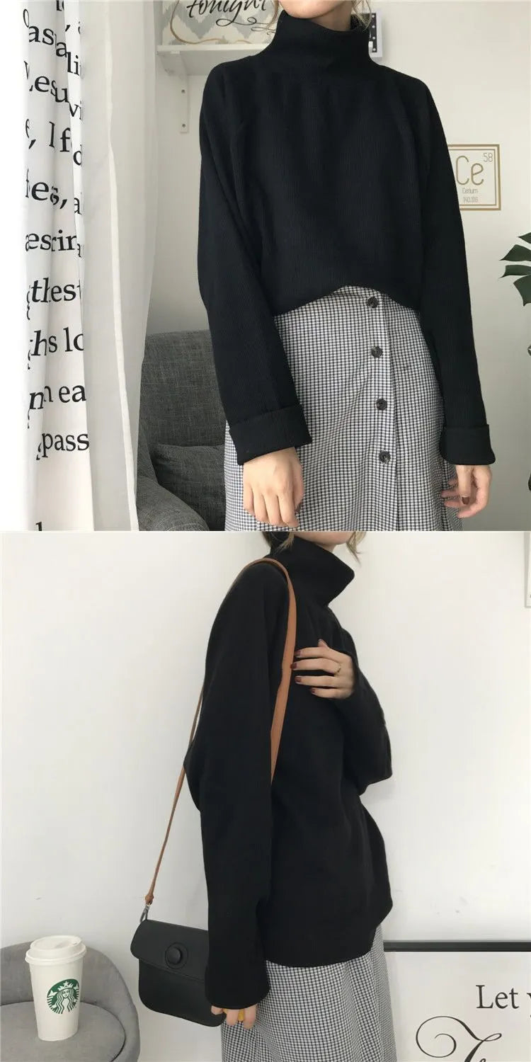 Women's half-high collar long sleeve loose top in solid apricot colour