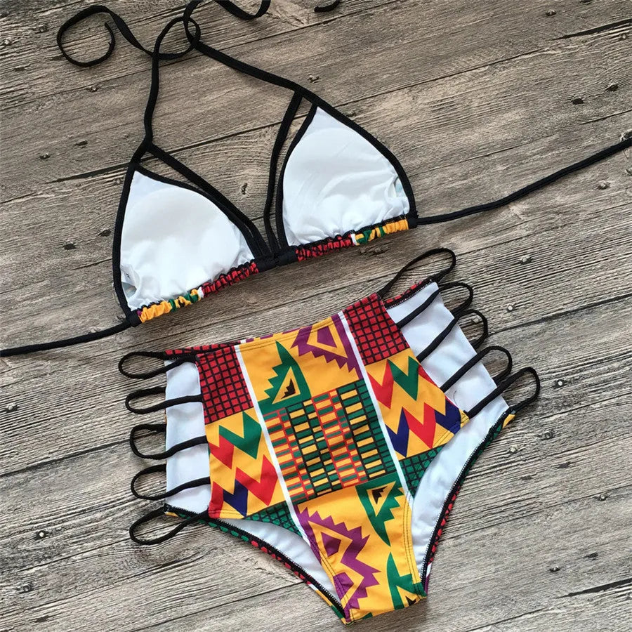 Women's high-waisted bikini set with digital print pattern, showing top and briefs.