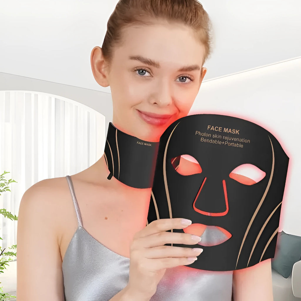 Black and gold silicone headband IPL LED facial mask device with touch screen controls.