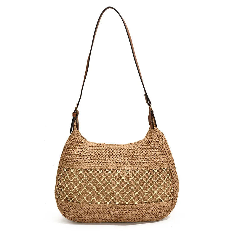 Women's casual straw cross body bag with sandwich pocket in khaki colour
