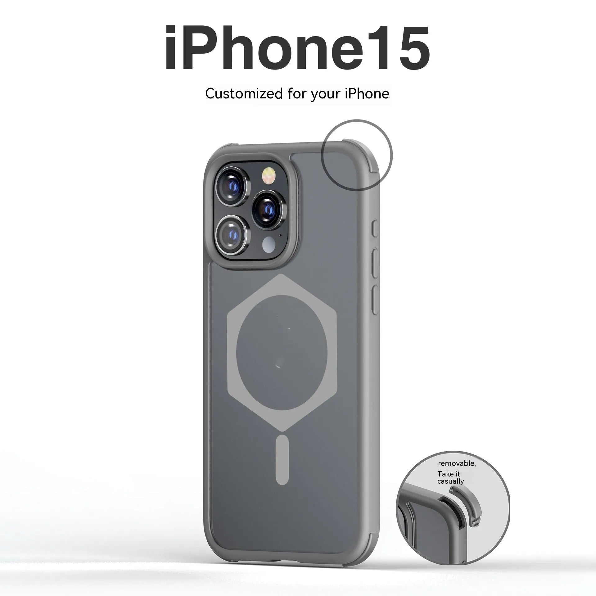 Matte frosted silicone magnetic phone case for Apple iPhone 15 in black with magnetic ring