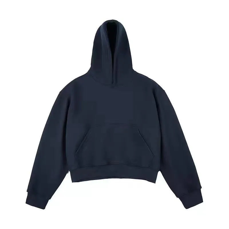 Man wearing a dark grey Chinese cotton hooded sweatshirt with a removable hood and long sleeves.