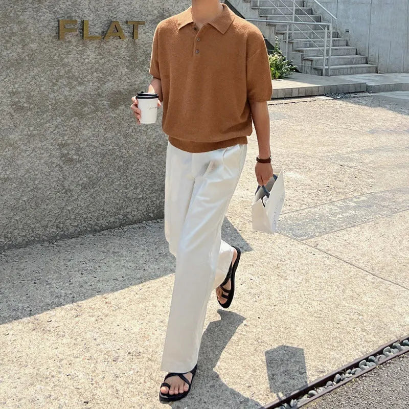 Retro style men's caramel knitted polo shirt with asymmetrical design and short sleeves.