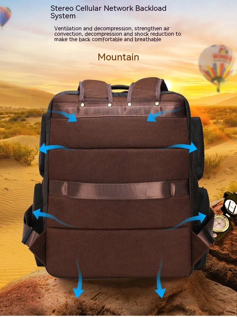 Dark brown genuine leather 17-inch laptop backpack with double straps and multiple pockets.