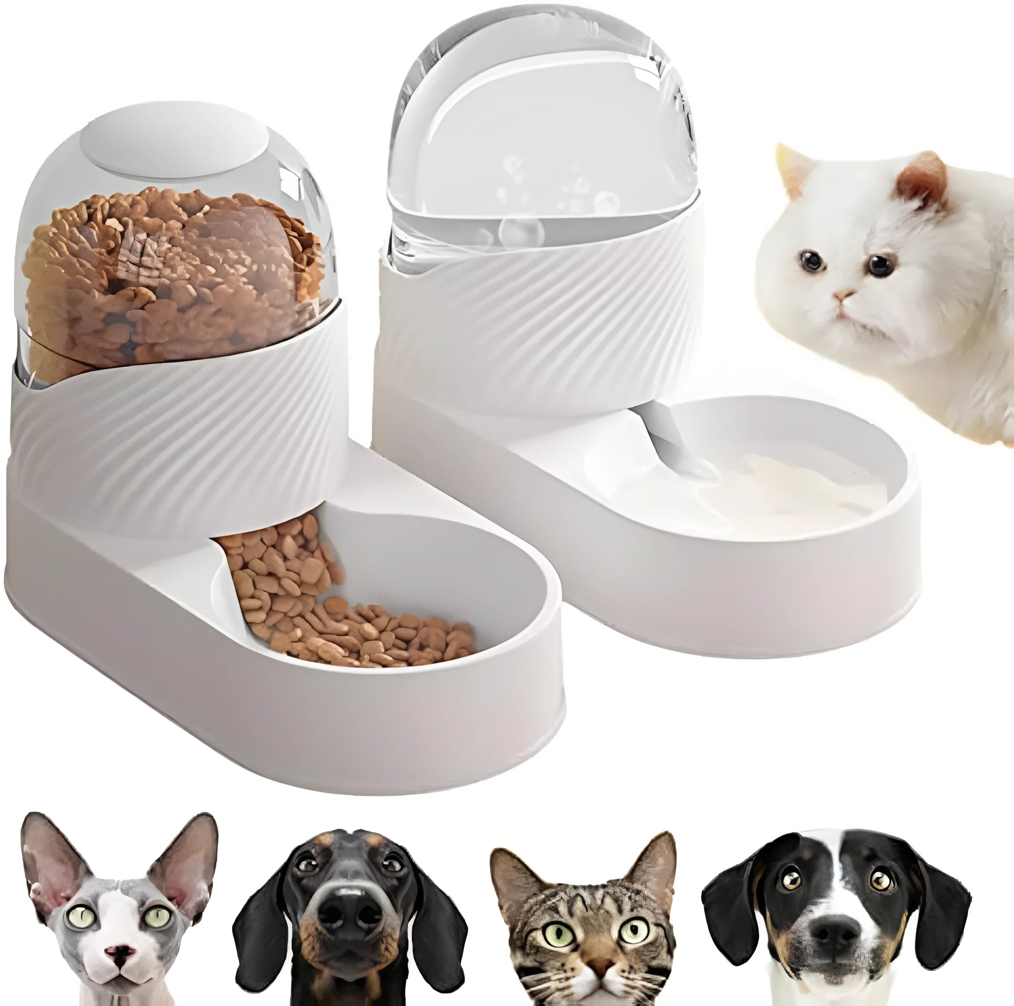 White automatic cat feeder and water dispenser set with 2 litre capacity gravity system