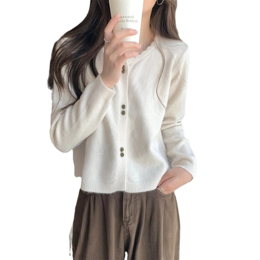 Women's long-sleeved acrylic fibre cardigan in milky white, shown open-front as a free-size layering piece.