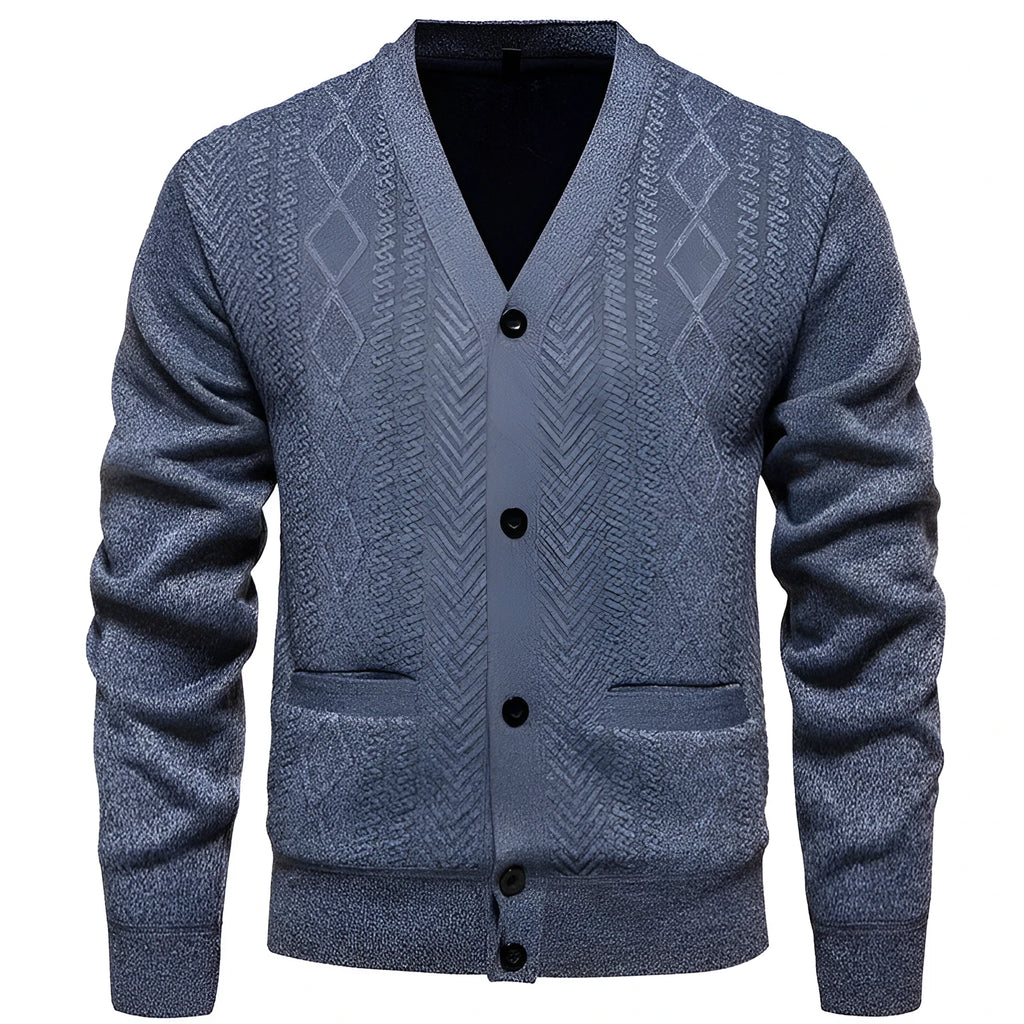 Men's plus size striped long sleeve cardigan sweater on a hanger showing wool lining.