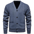 Men's plus size striped long sleeve cardigan sweater on a hanger showing wool lining.